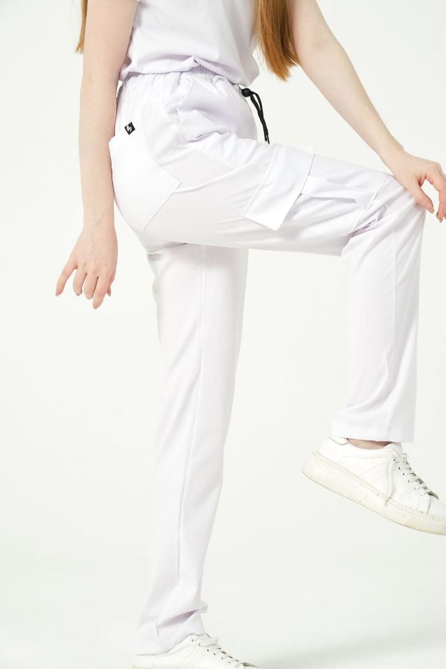 Beyaz Likralı Kargo Cep Doktor Hemşire Forması Tek Alt Unisex