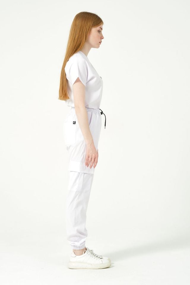 Beyaz Likralı Kargo Cep Jogger Paça Doktor Hemşire Forması Tek Alt Unisex