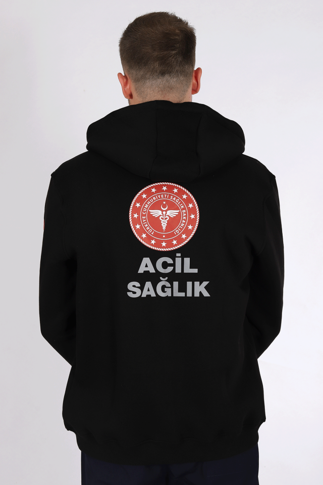 Siyah 112 Acil Sağlık Kapüşonlu Hırka Unisex