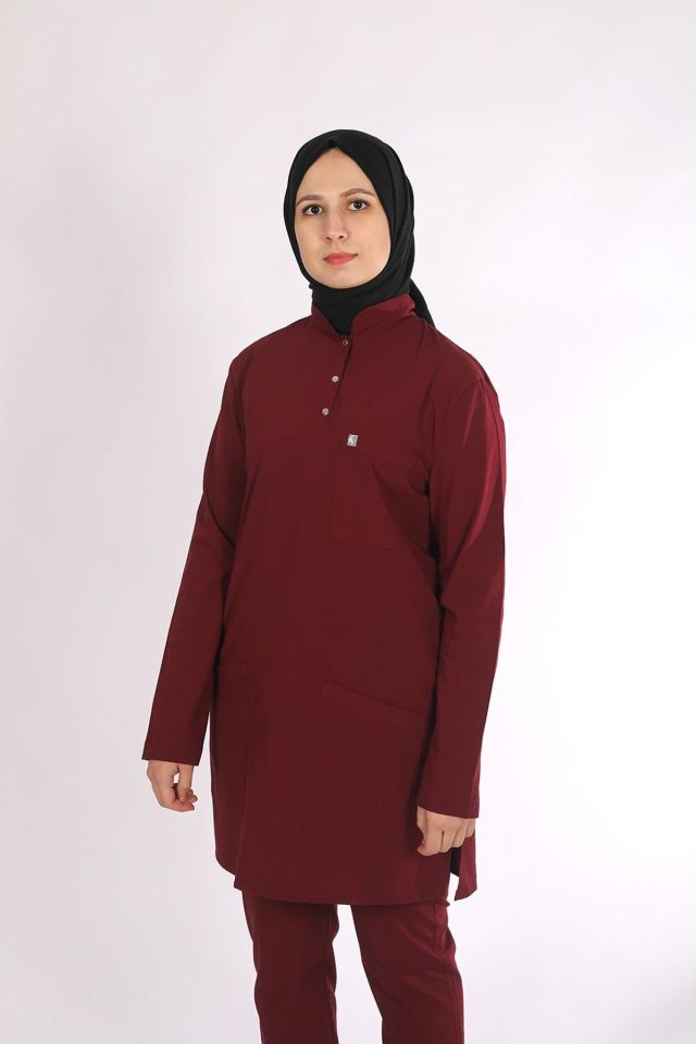 Bordo Likralı Tesettür Scrubs Doktor Hemşire Forması Tek Üst 2XL