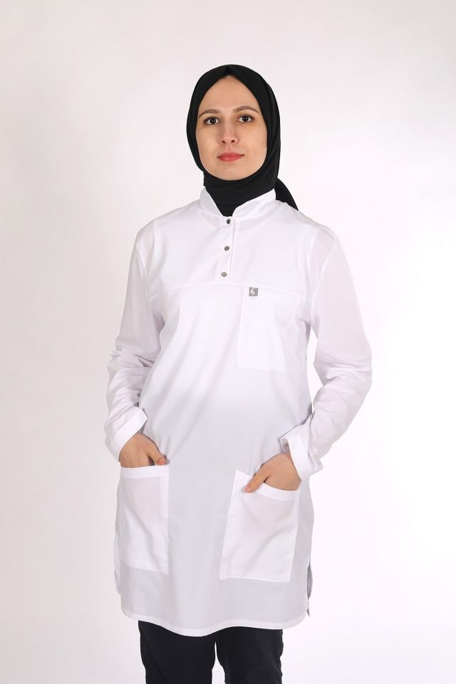 Beyaz Likralı Tesettür Scrubs Doktor Hemşire Forması Tek Üst 2XL