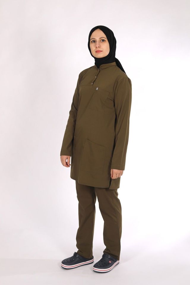 Haki Likralı Tesettür Scrubs Doktor Hemşire Forması Tek Üst S
