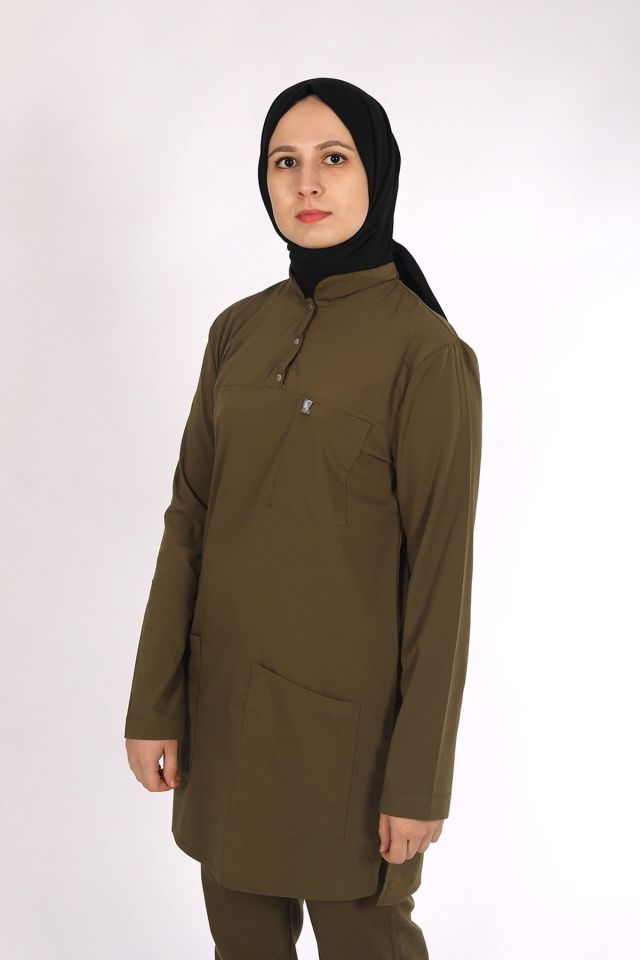 Haki Likralı Tesettür Scrubs Doktor Hemşire Forması Tek Üst L