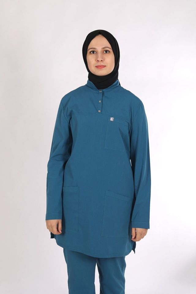 Turkuaz Likralı Tesettür Scrubs Doktor Hemşire Forması Tek Üst XL