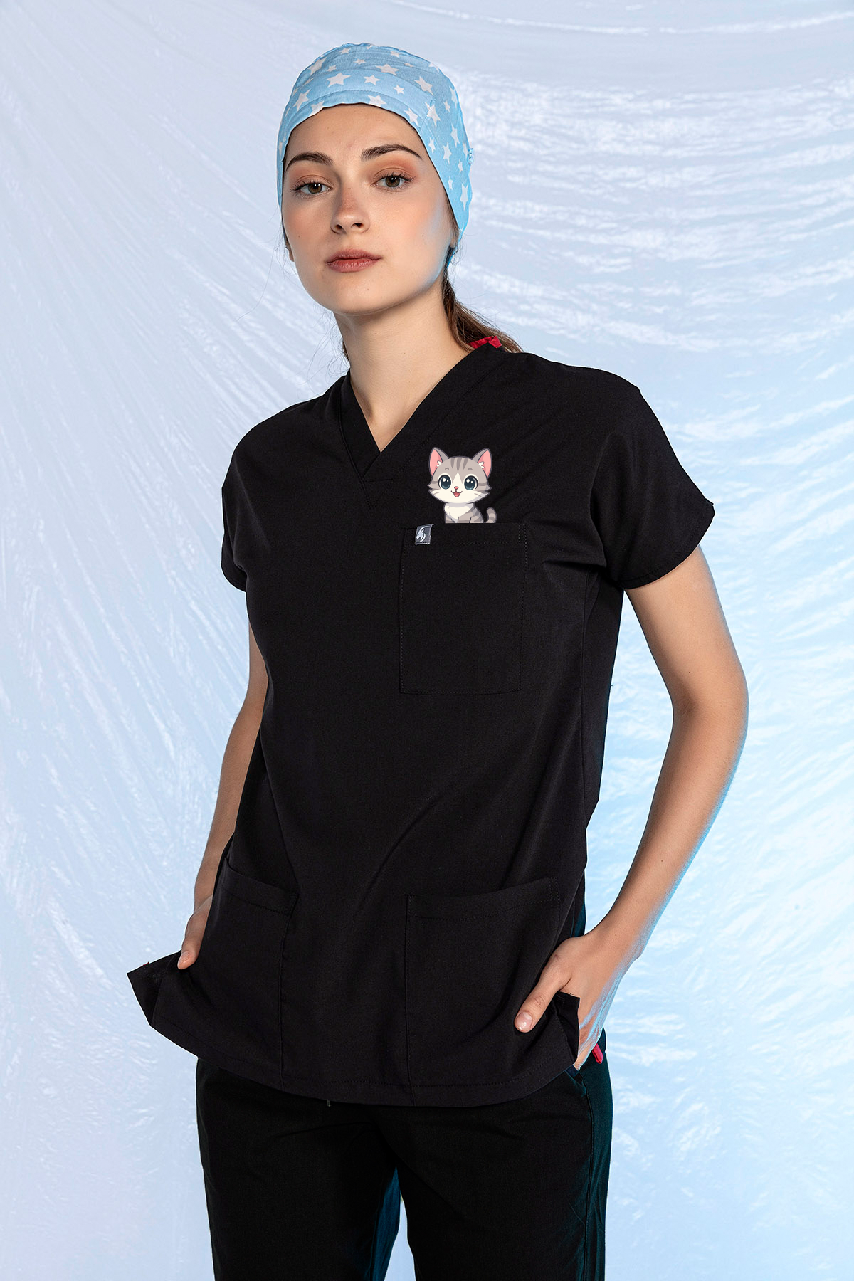 Siyah Özel Veteriner Forması Tüy Tutmaz Sıvı İtici Baskılı Scrubs Takım Unisex