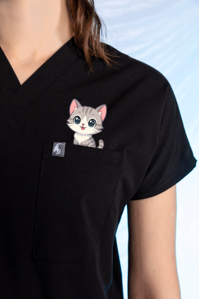 Siyah Özel Veteriner Forması Tüy Tutmaz Sıvı İtici Baskılı Scrubs Takım Unisex