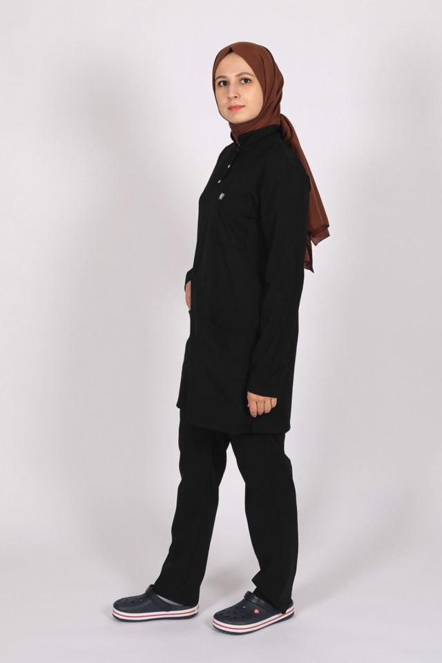 Siyah Likralı Tesettür Scrubs Doktor Hemşire Forması Tek Üst M
