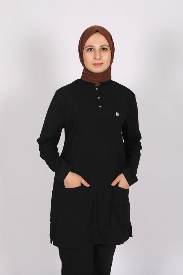 Siyah Likralı Tesettür Scrubs Doktor Hemşire Forması Tek Üst L