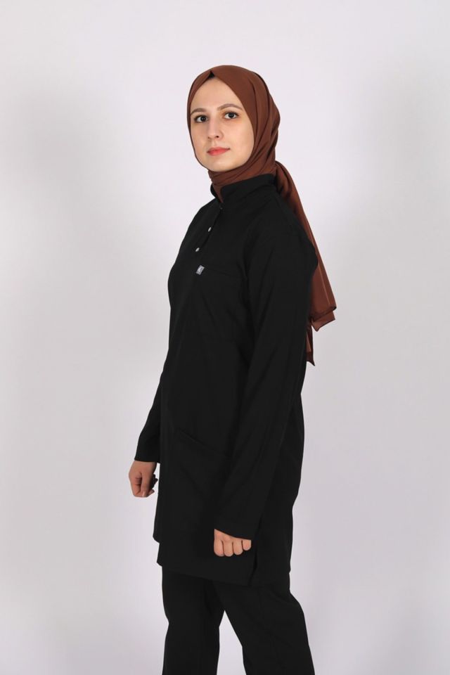 Siyah Likralı Tesettür Scrubs Doktor Hemşire Forması Tek Üst 2XL