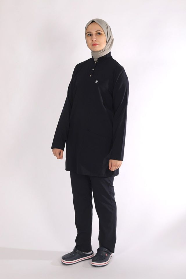 Lacivert Likralı Tesettür Scrubs Doktor Hemşire Forması Tek Üst XS
