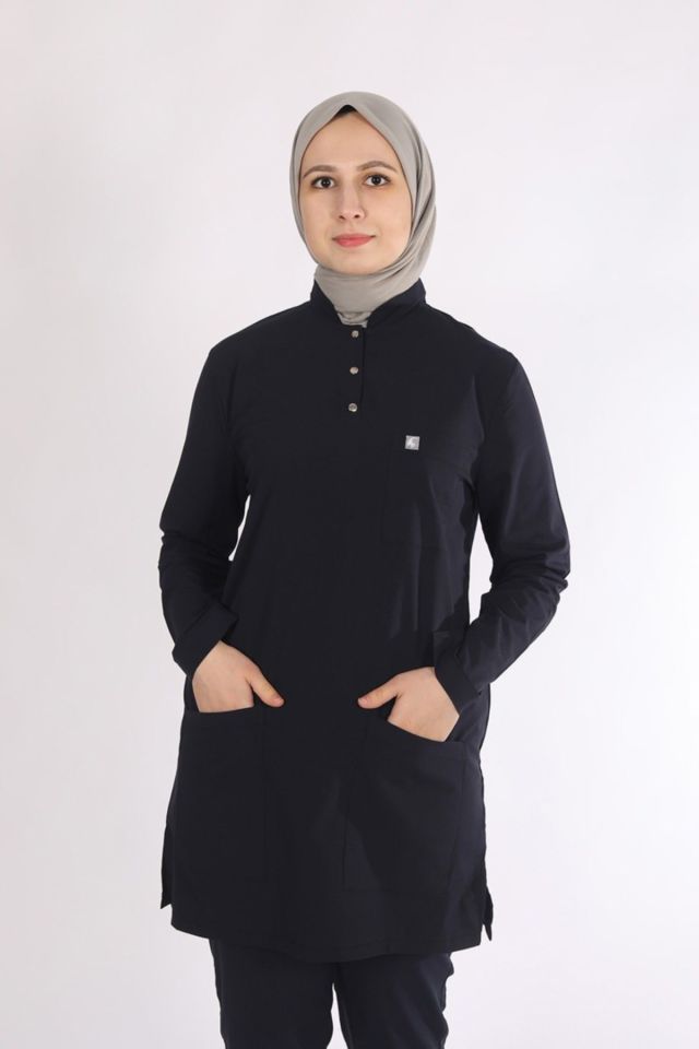 Lacivert Likralı Tesettür Scrubs Doktor Hemşire Forması Tek Üst XS