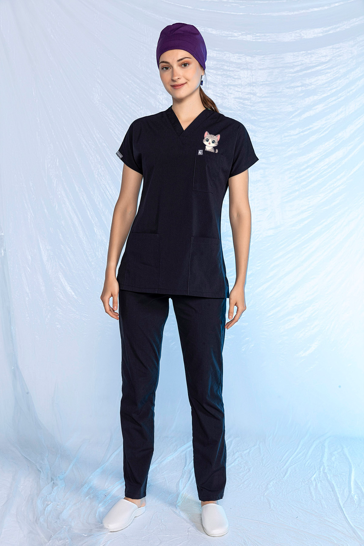 Lacivert Özel Veteriner Forması Tüy Tutmaz Sıvı İtici Baskılı Scrubs Takım Unisex