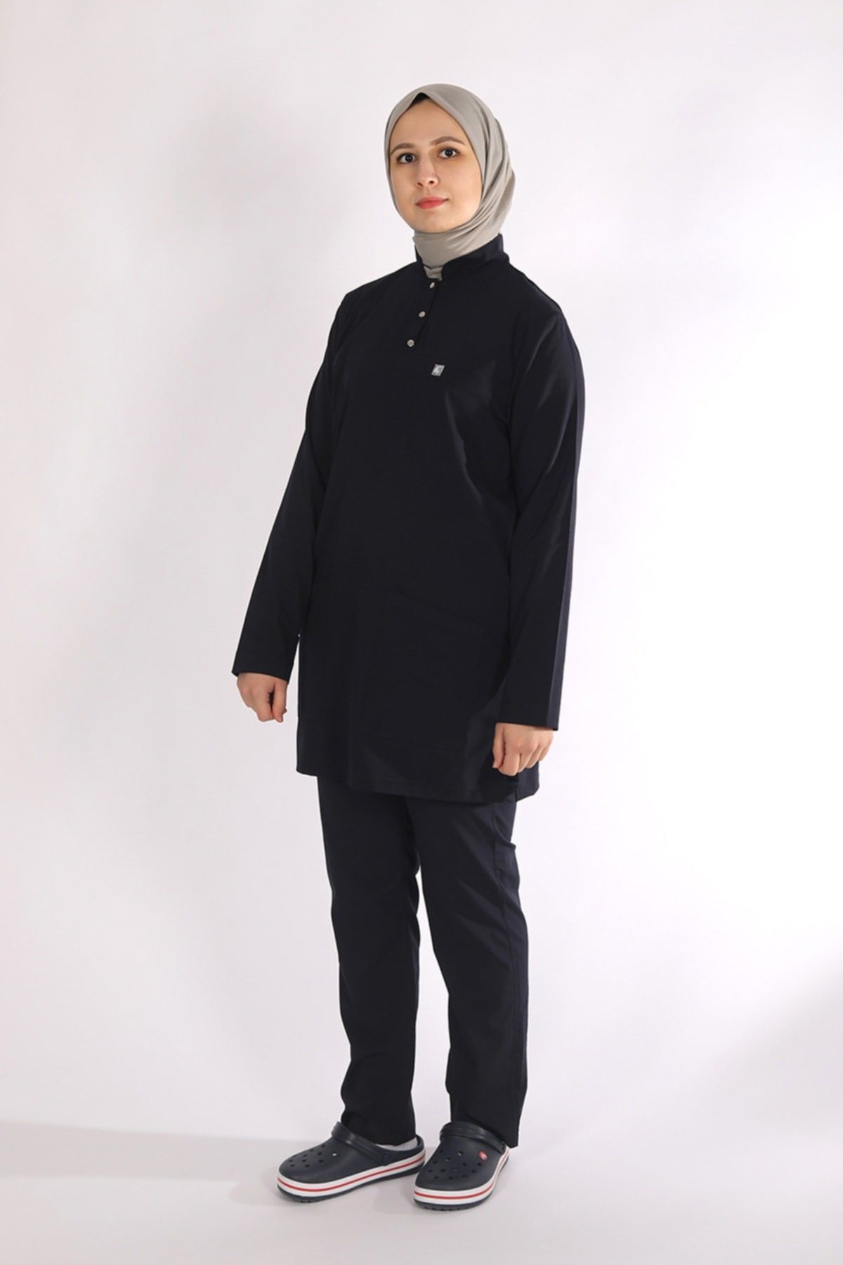 Lacivert Likralı Tesettür Scrubs Doktor Hemşire Forması Tek Üst XL