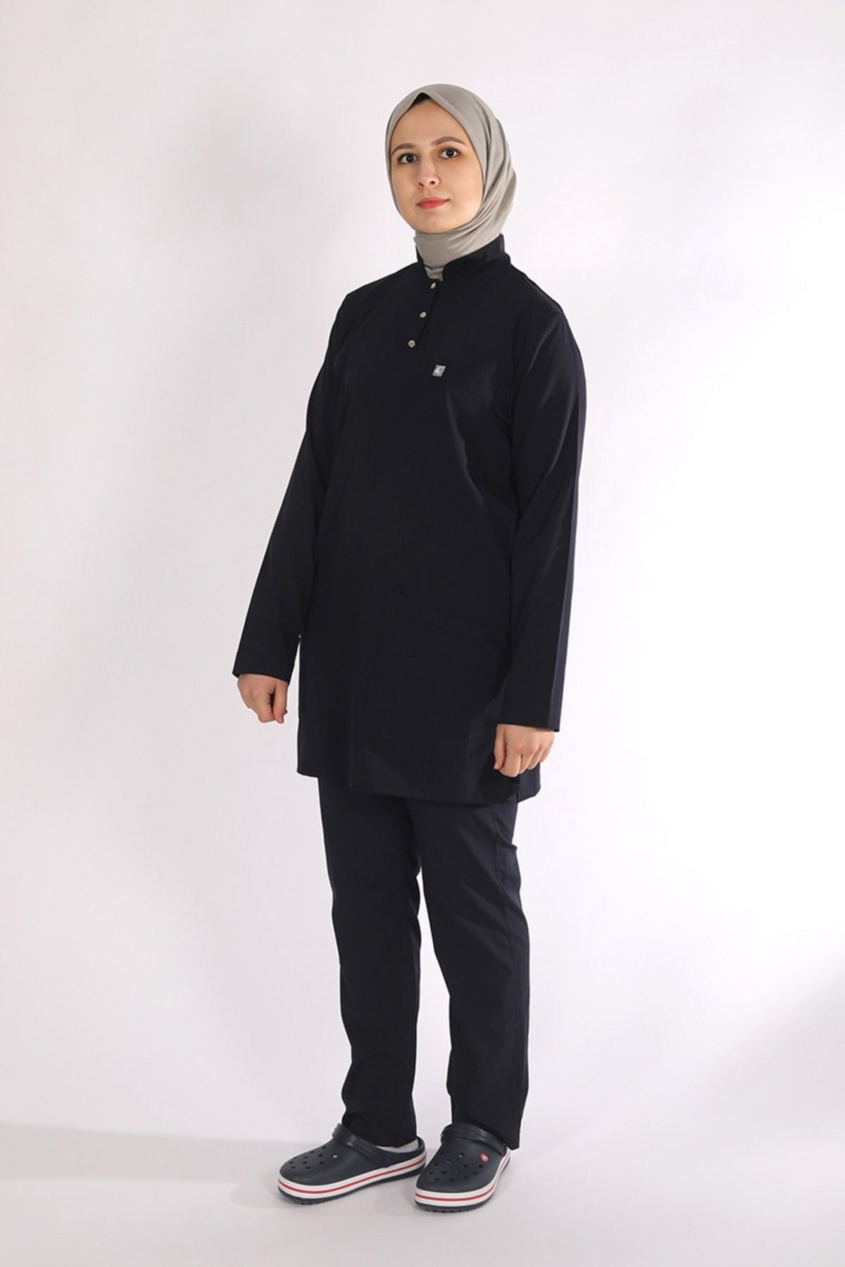 Lacivert Likralı Tesettür Scrubs Doktor Hemşire Forması Tek Üst 2XL