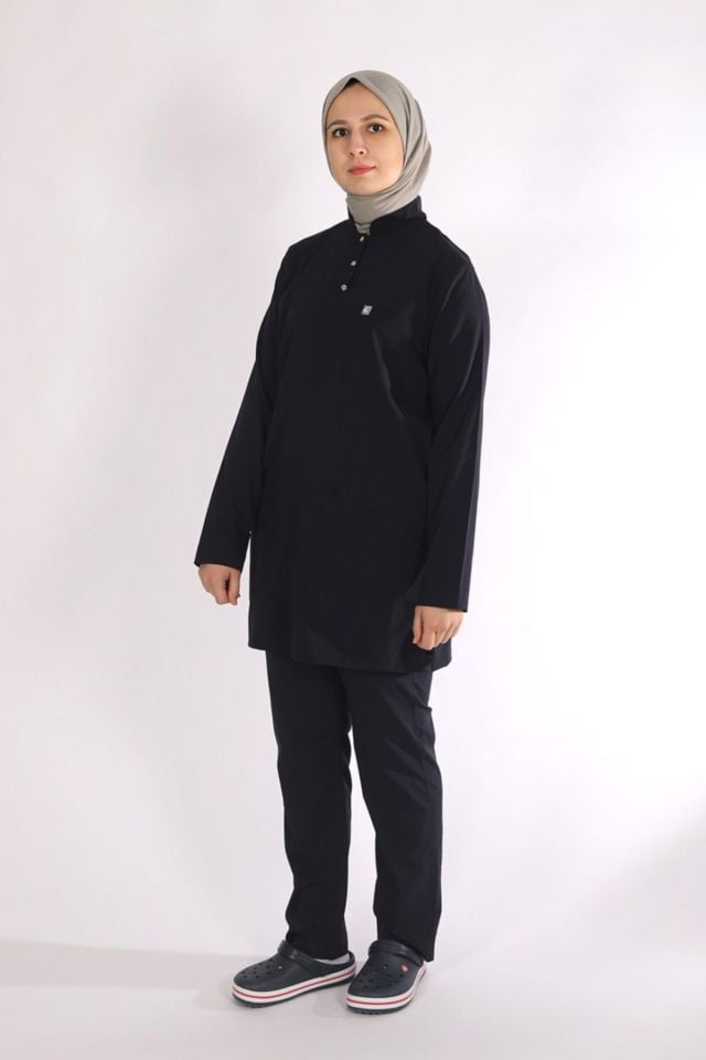 Lacivert Likralı Tesettür Scrubs Doktor Hemşire Forması Tek Üst 2XL