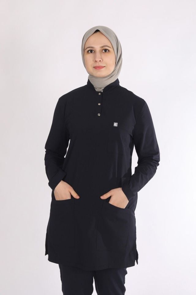 Lacivert Likralı Tesettür Scrubs Doktor Hemşire Forması Tek Üst 2XL