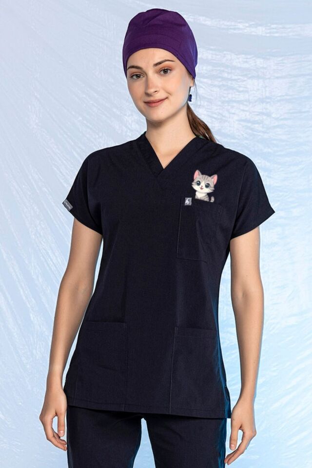 Lacivert Özel Veteriner Forması Tüy Tutmaz Sıvı İtici Baskılı Scrubs Tek Üst Unisex