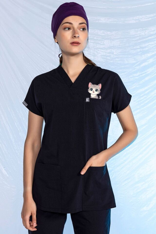 Lacivert Özel Veteriner Forması Tüy Tutmaz Sıvı İtici Baskılı Scrubs Tek Üst Unisex