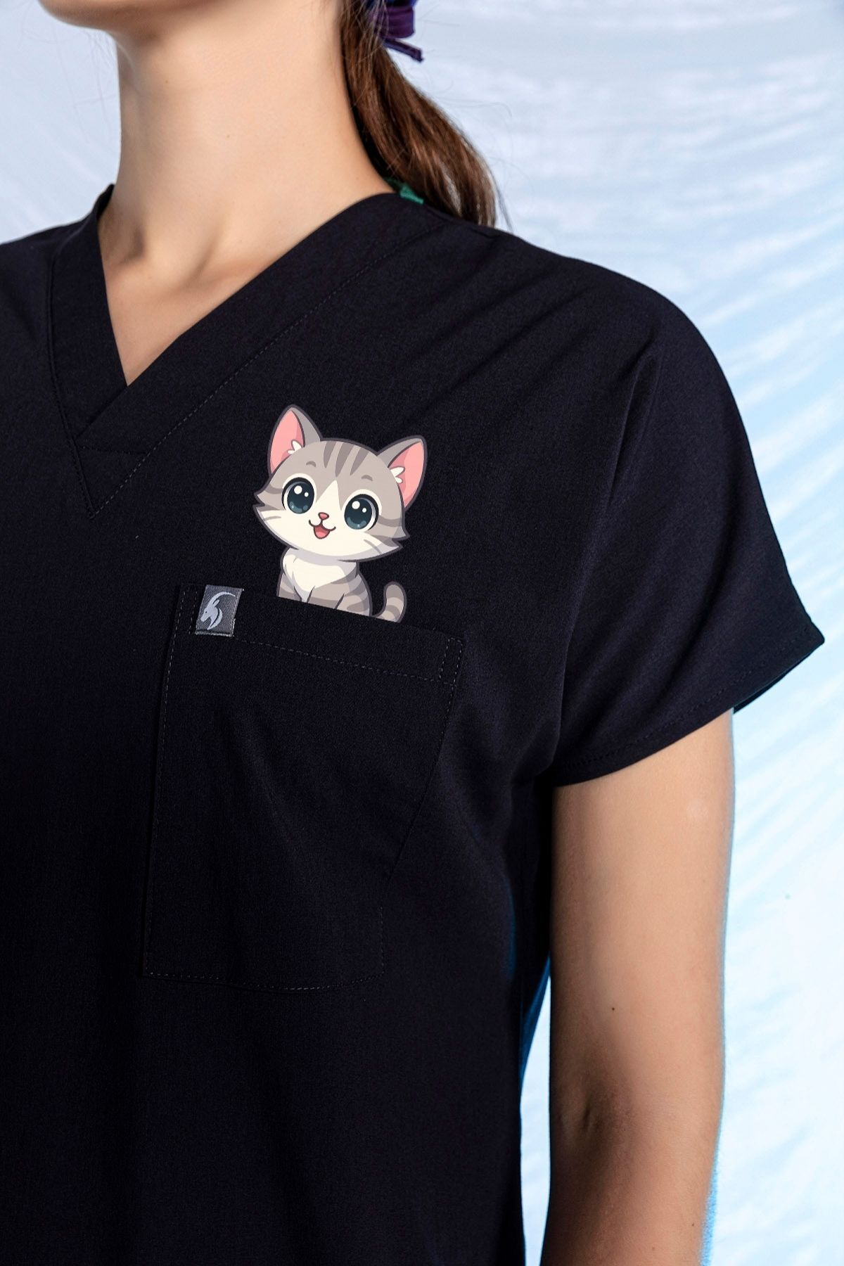 Lacivert Özel Veteriner Forması Tüy Tutmaz Sıvı İtici Baskılı Scrubs Tek Üst Unisex