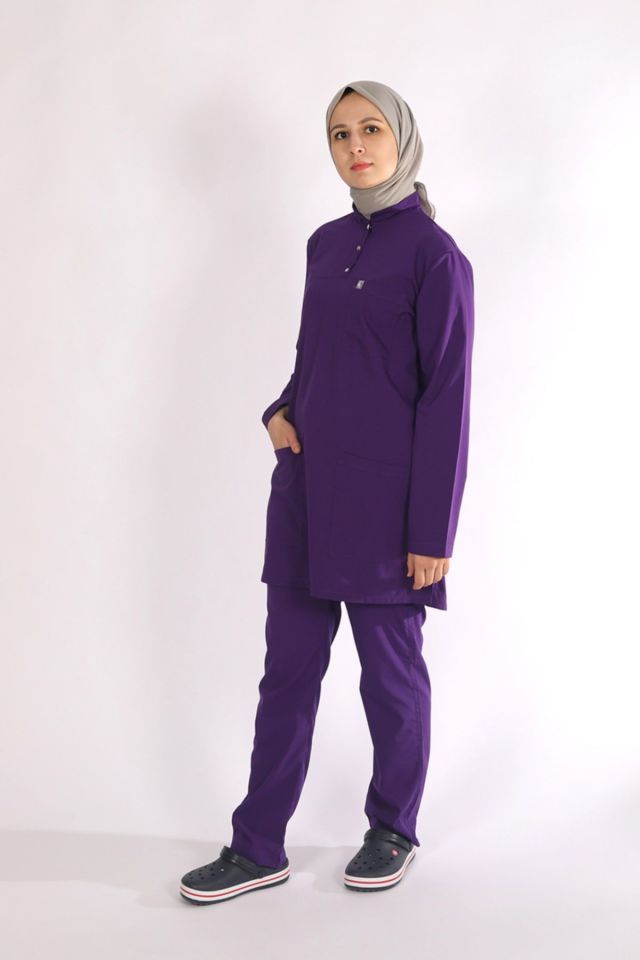 Mor Likralı Tesettür Scrubs Doktor Hemşire Forması Tek Üst XL