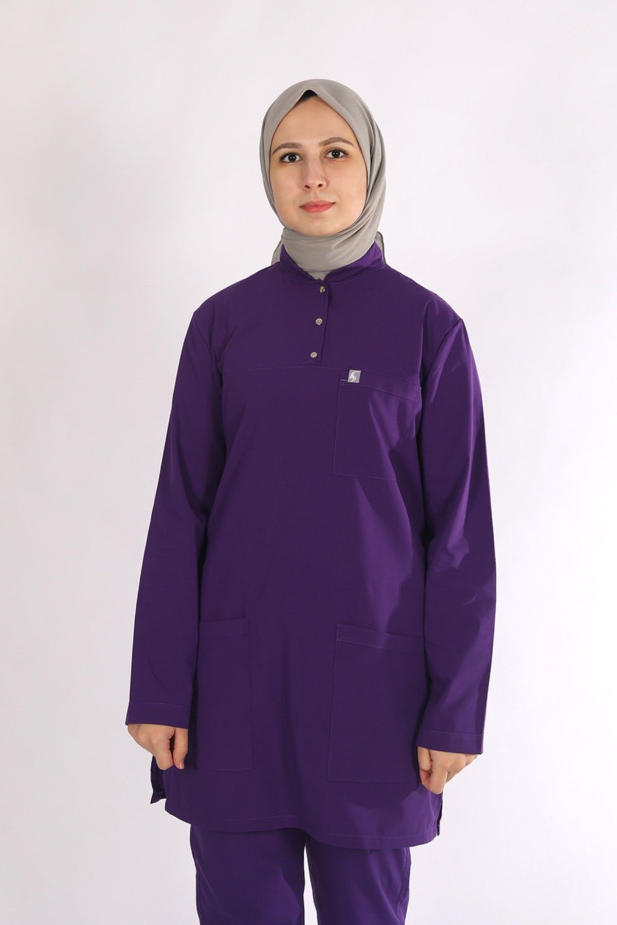 Mor Likralı Tesettür Scrubs Doktor Hemşire Forması Tek Üst 2XL