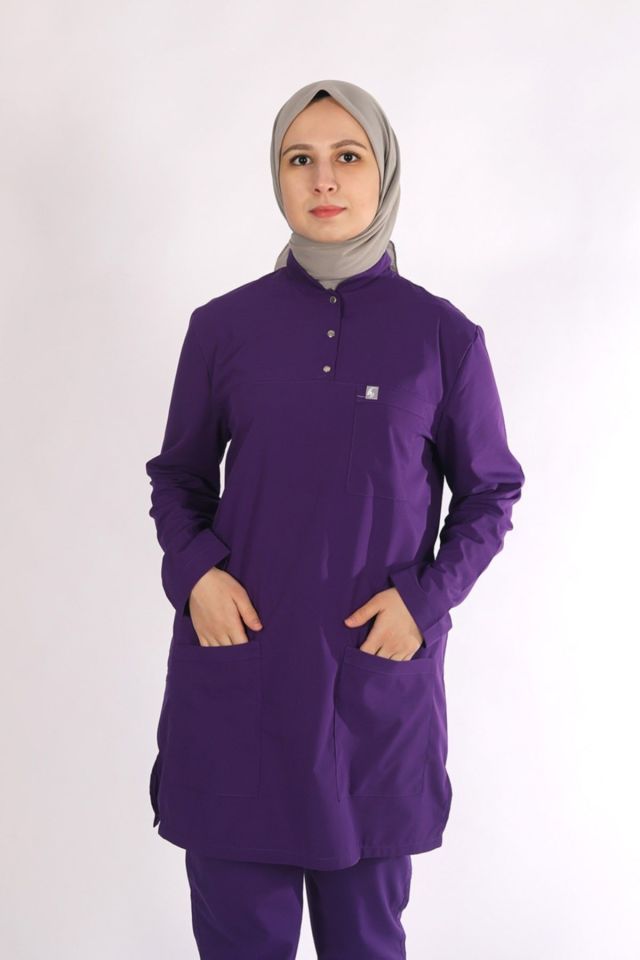 Mor Likralı Tesettür Scrubs Doktor Hemşire Forması Tek Üst 2XL