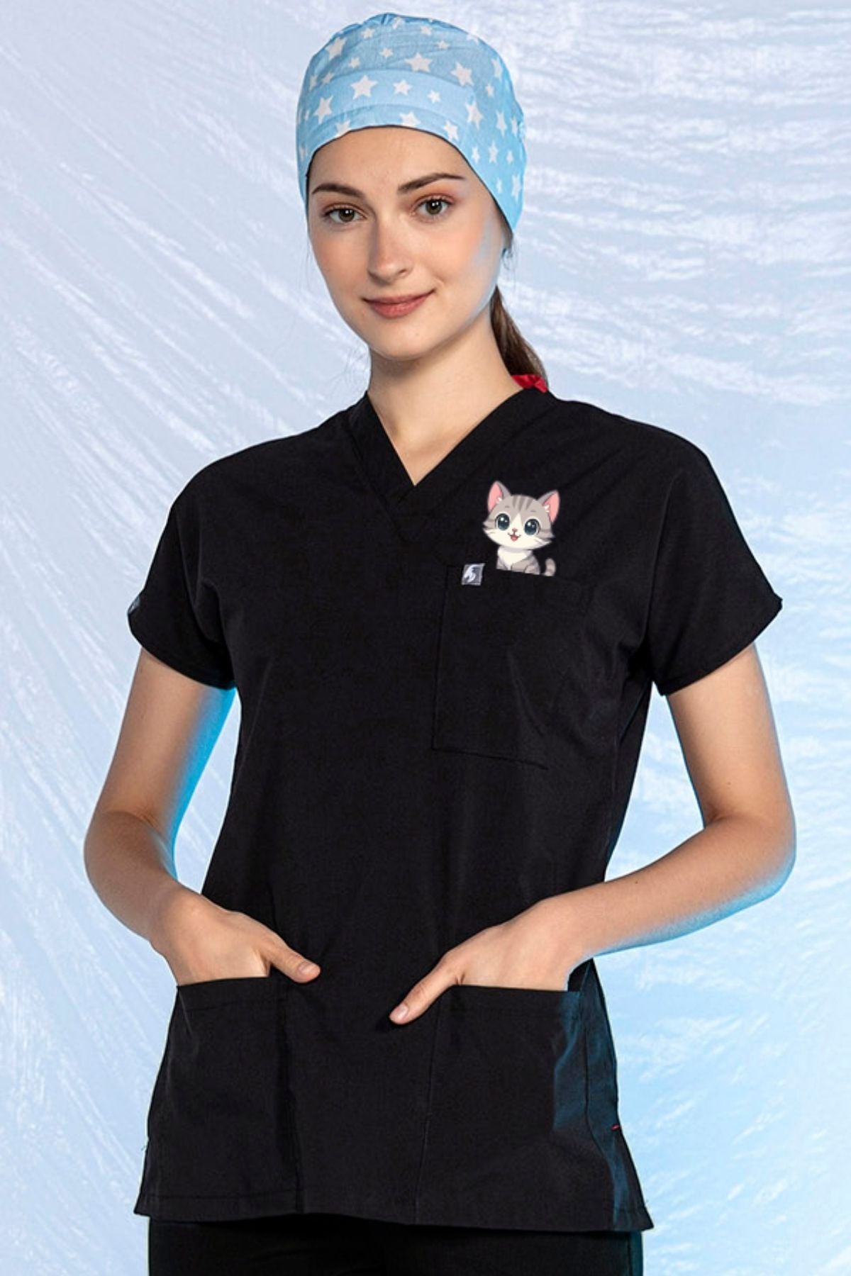 Siyah Özel Veteriner Forması Tüy Tutmaz Sıvı İtici Baskılı Scrubs Tek Üst Unisex