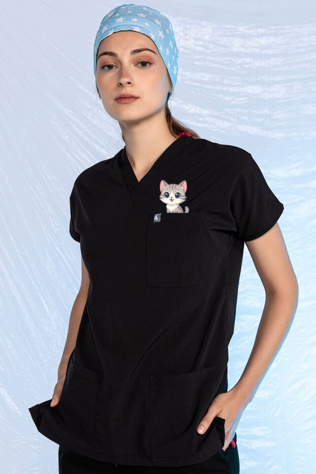 Siyah Özel Veteriner Forması Tüy Tutmaz Sıvı İtici Baskılı Scrubs Tek Üst Unisex