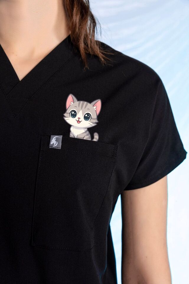 Siyah Özel Veteriner Forması Tüy Tutmaz Sıvı İtici Baskılı Scrubs Tek Üst Unisex