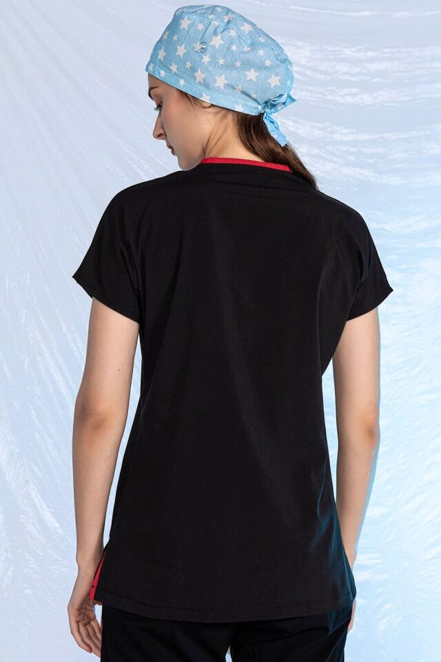 Siyah Özel Veteriner Forması Tüy Tutmaz Sıvı İtici Baskılı Scrubs Tek Üst Unisex