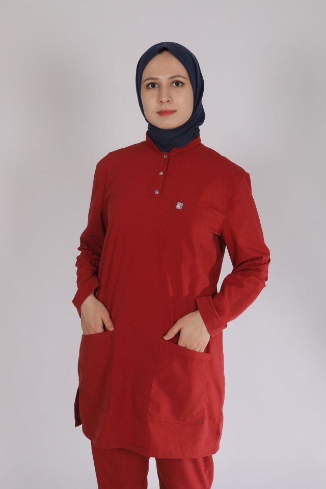 Kiremit Likralı Tesettür Scrubs Doktor Hemşire Forması Tek Üst M