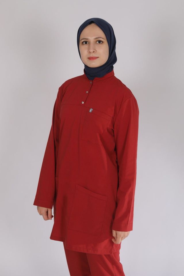 Kiremit Likralı Tesettür Scrubs Doktor Hemşire Forması Tek Üst L