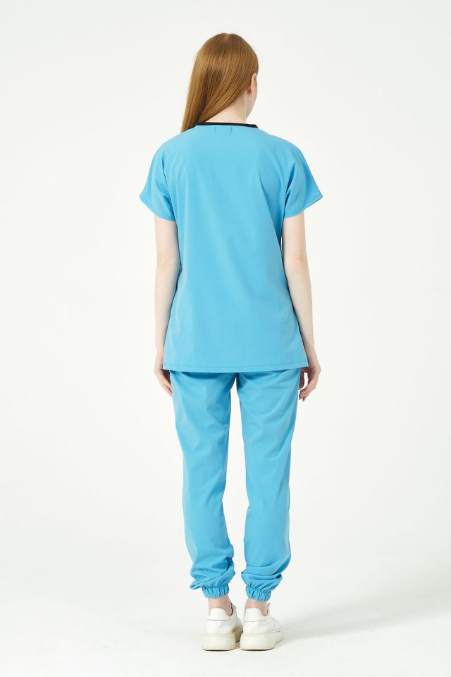 Bebe Mavi Likralı Scrubs Jogger Paça Doktor Hemşire Forması Yarasa Kol Takım Unisex