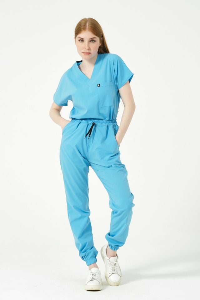 Bebe Mavi Likralı Scrubs Jogger Paça Doktor Hemşire Forması Yarasa Kol Takım Unisex