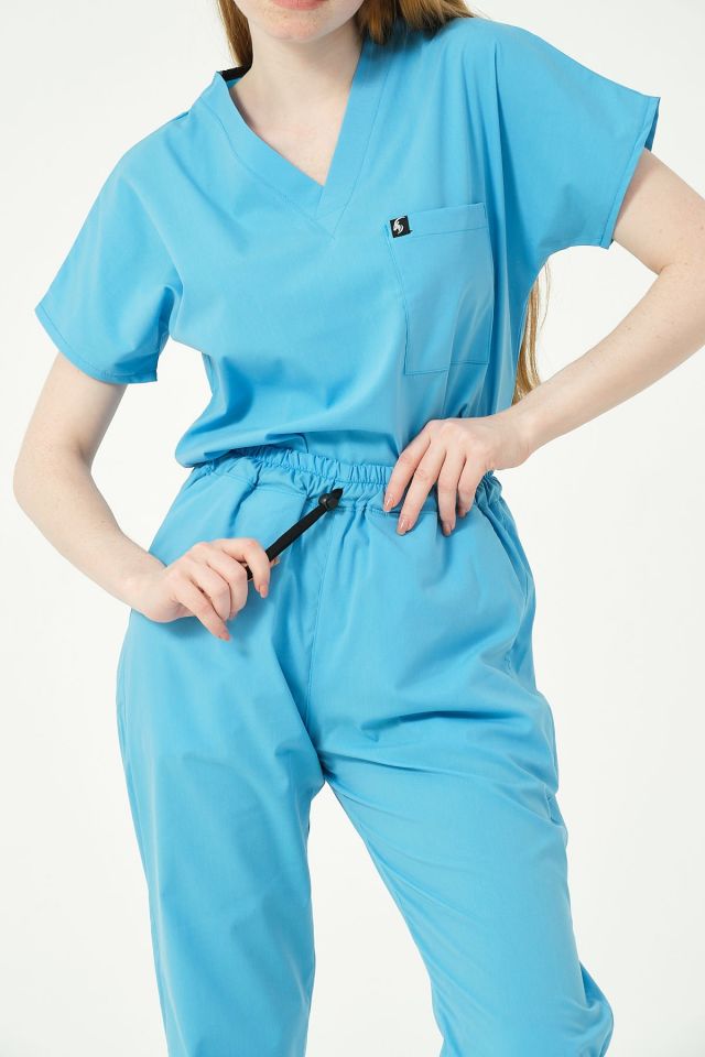 Bebe Mavi Likralı Scrubs Jogger Paça Doktor Hemşire Forması Yarasa Kol Takım Unisex
