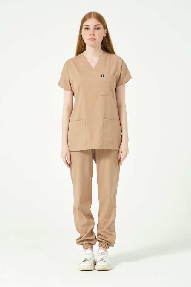 Bej Likralı Scrubs Jogger Paça Doktor Hemşire Forması Yarasa Kol Takım Unisex