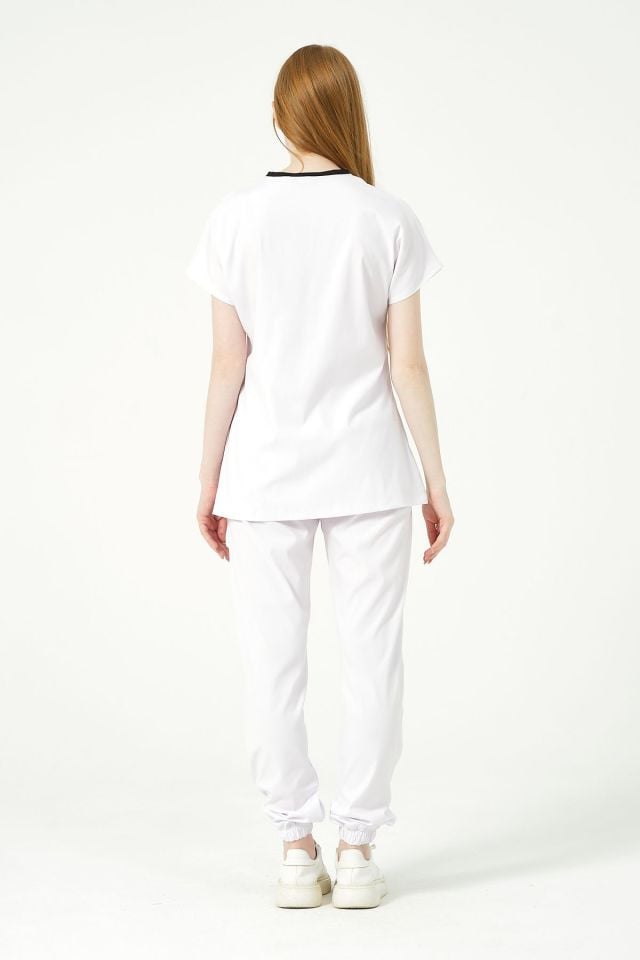 Beyaz Likralı Scrubs Jogger Paça Doktor Hemşire Forması Yarasa Kol Takım Unisex