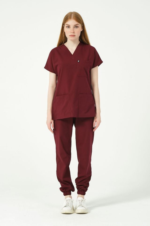 Bordo Likralı Scrubs Jogger Paça Doktor Hemşire Forması Yarasa Kol Takım Unisex