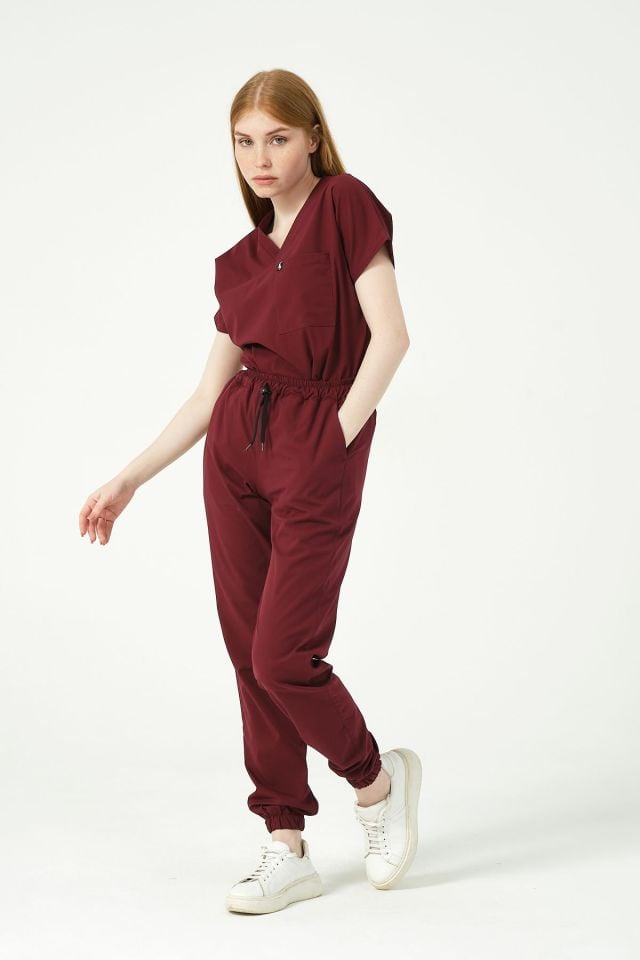Bordo Likralı Scrubs Jogger Paça Doktor Hemşire Forması Yarasa Kol Takım Unisex