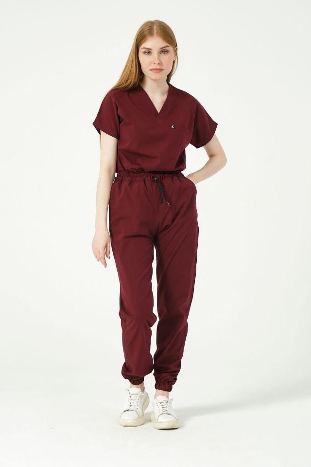 Bordo Likralı Scrubs Jogger Paça Doktor Hemşire Forması Yarasa Kol Takım Unisex