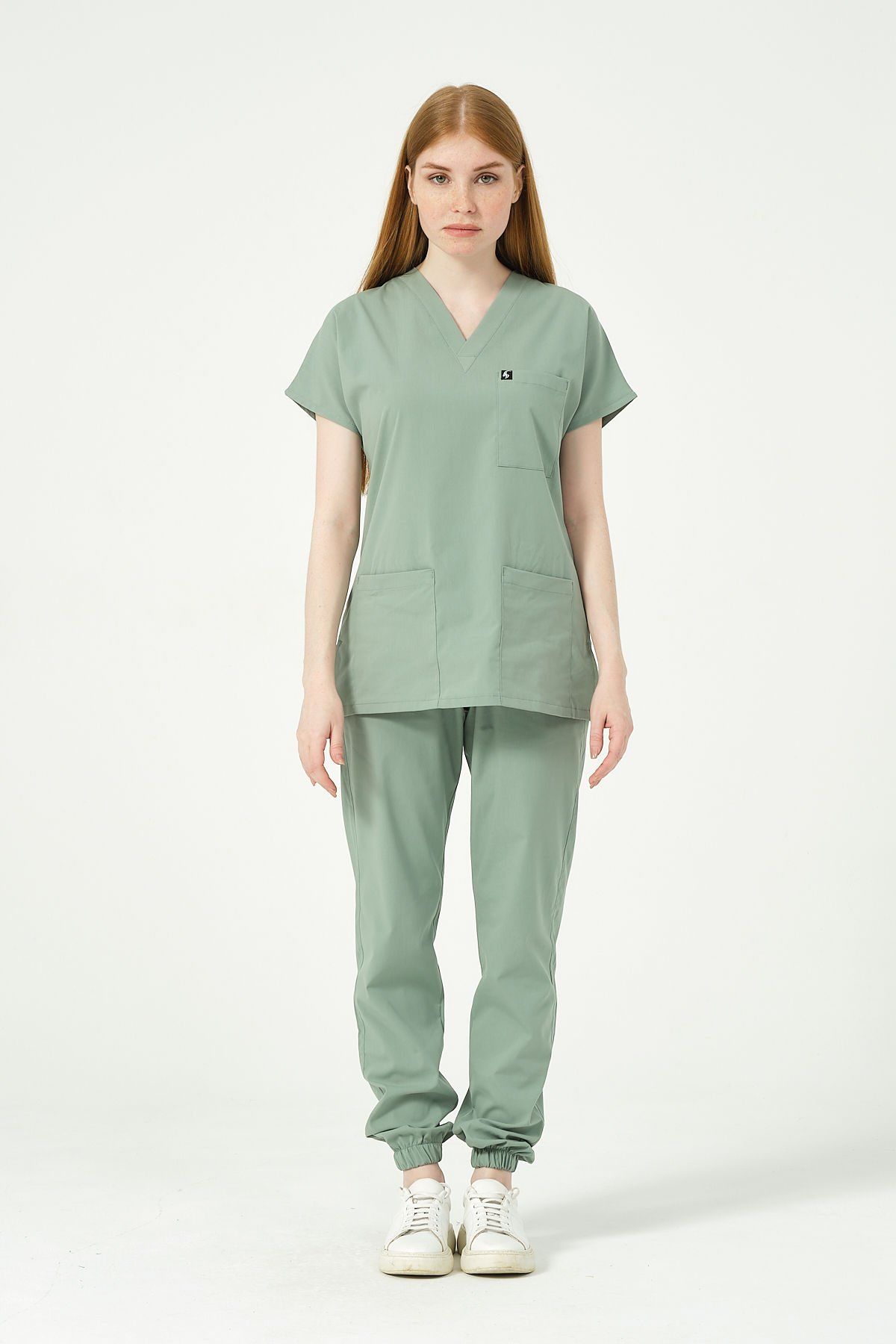 Çağla Yeşili Likralı Scrubs Jogger Paça Doktor Hemşire Forması Yarasa Kol Takım Unisex