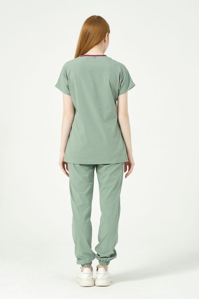 Çağla Yeşili Likralı Scrubs Jogger Paça Doktor Hemşire Forması Yarasa Kol Takım Unisex