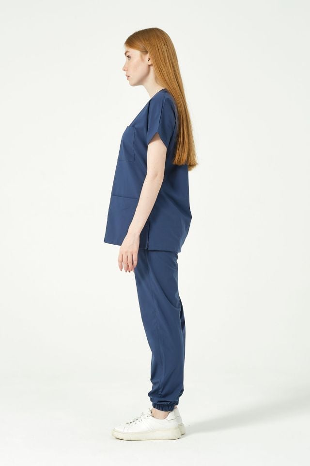 Fırtına Mavi Likralı Scrubs Jogger Paça Doktor Hemşire Forması Yarasa Kol Takım Unisex