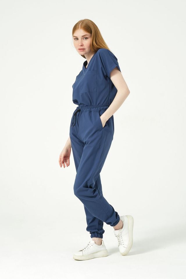 Fırtına Mavi Likralı Scrubs Jogger Paça Doktor Hemşire Forması Yarasa Kol Takım Unisex