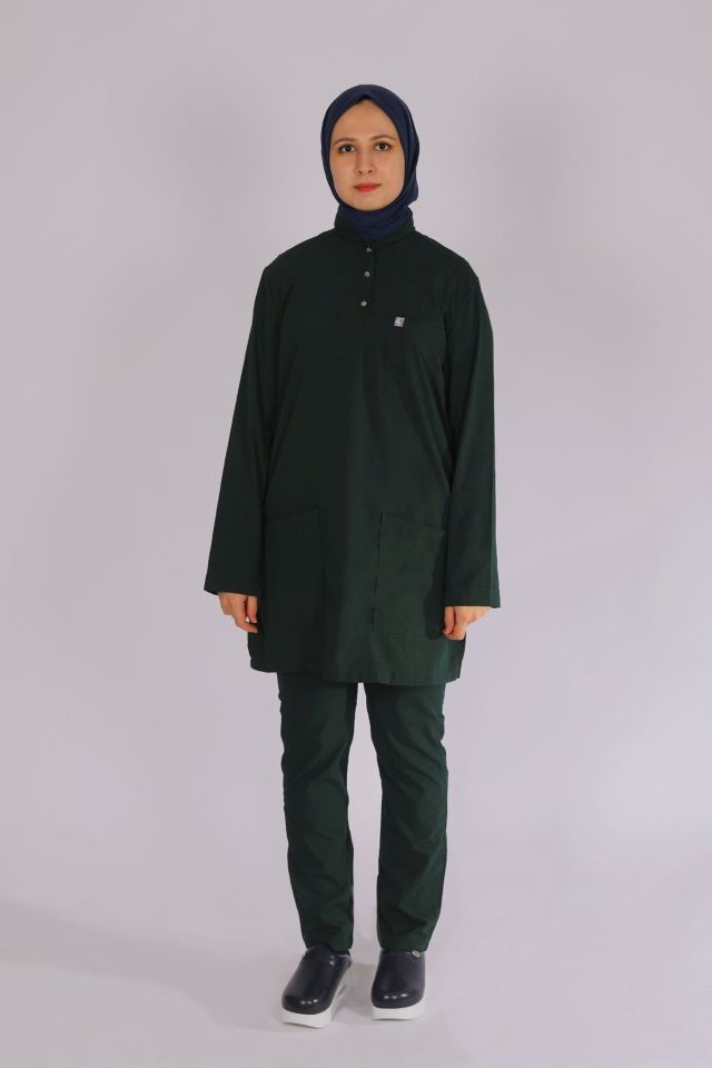 Ördek Yeşil Likralı Tesettür Scrubs Doktor Hemşire Forması Tek Üst 2XL