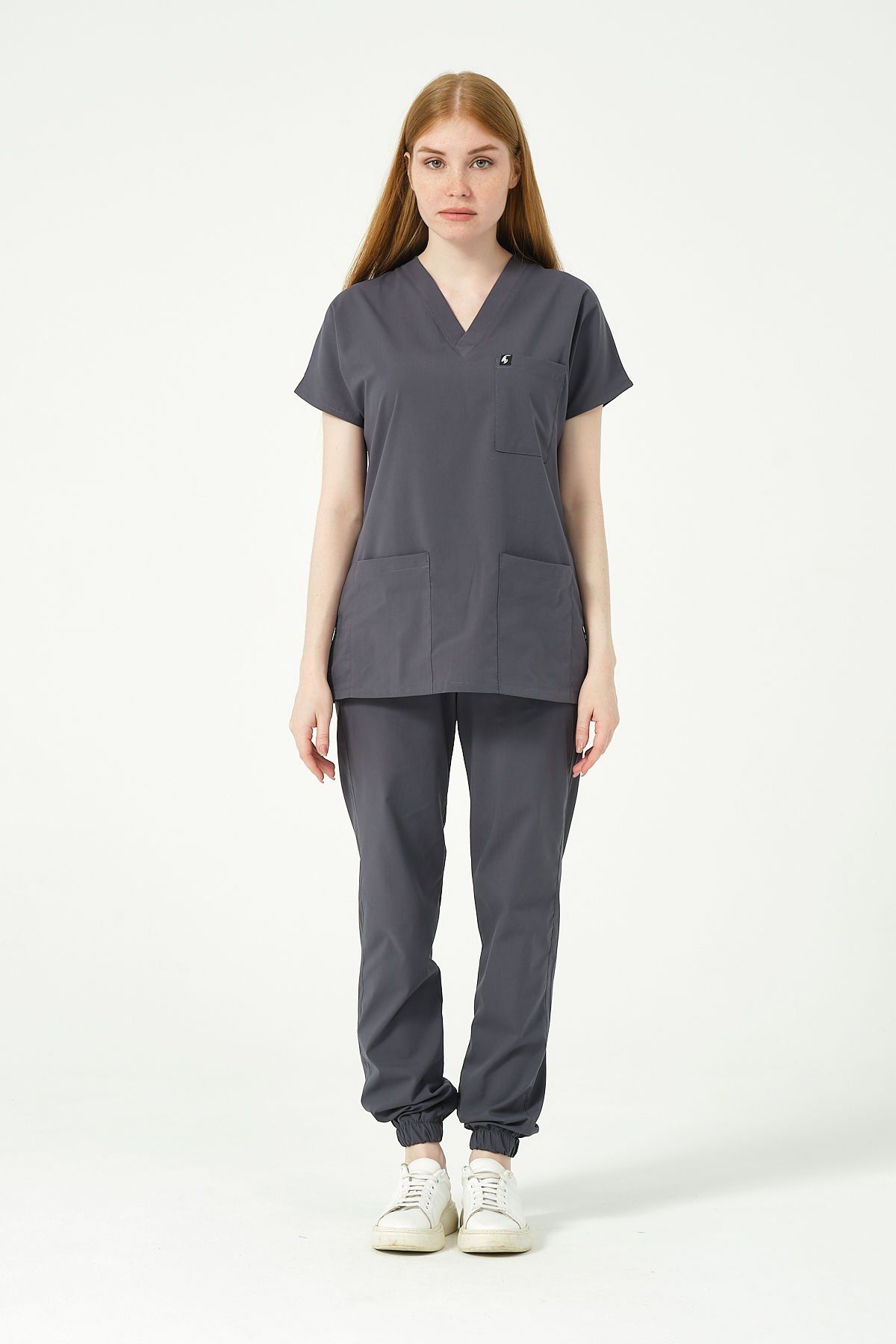 Füme Likralı Scrubs Jogger Paça Doktor Hemşire Forması Yarasa Kol Takım Unisex