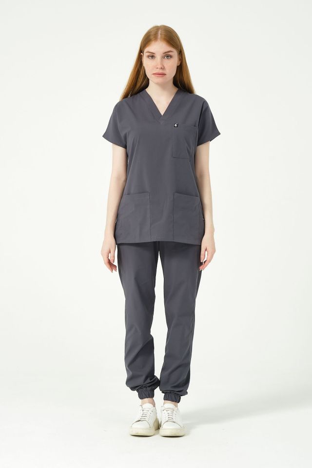 Füme Likralı Scrubs Jogger Paça Doktor Hemşire Forması Yarasa Kol Takım Unisex