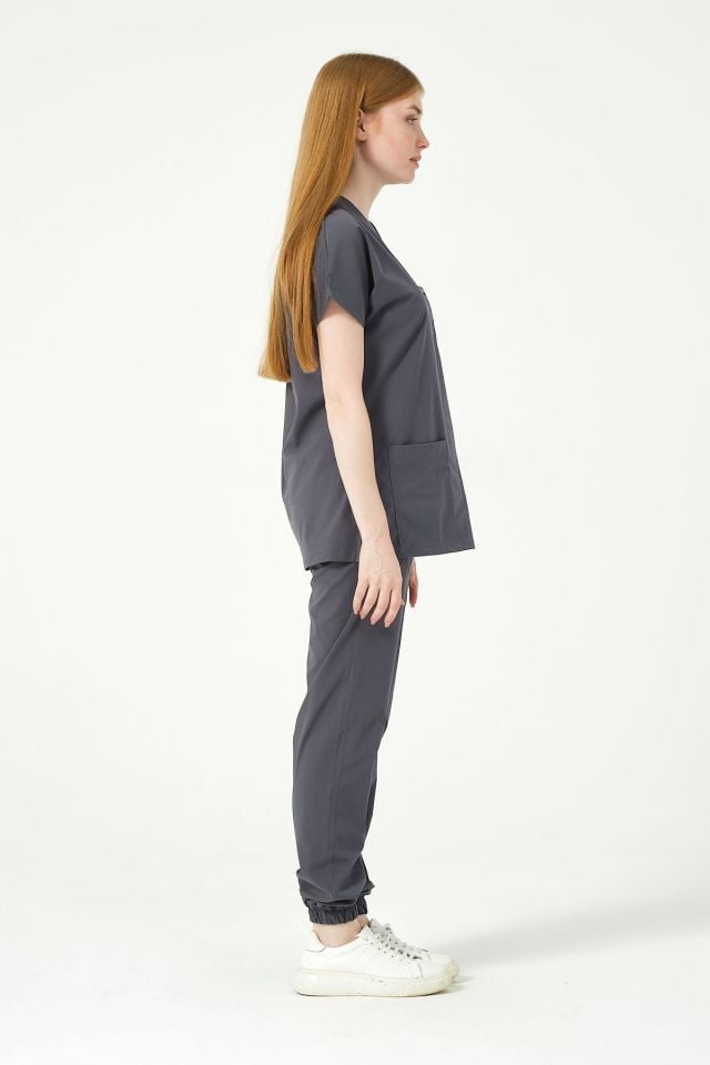 Füme Likralı Scrubs Jogger Paça Doktor Hemşire Forması Yarasa Kol Takım Unisex