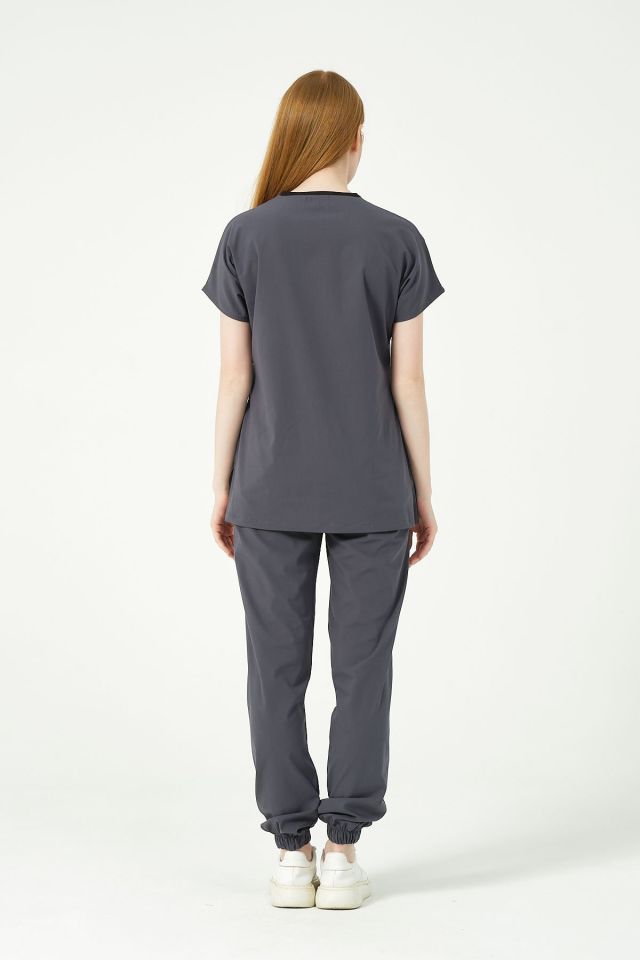 Füme Likralı Scrubs Jogger Paça Doktor Hemşire Forması Yarasa Kol Takım Unisex