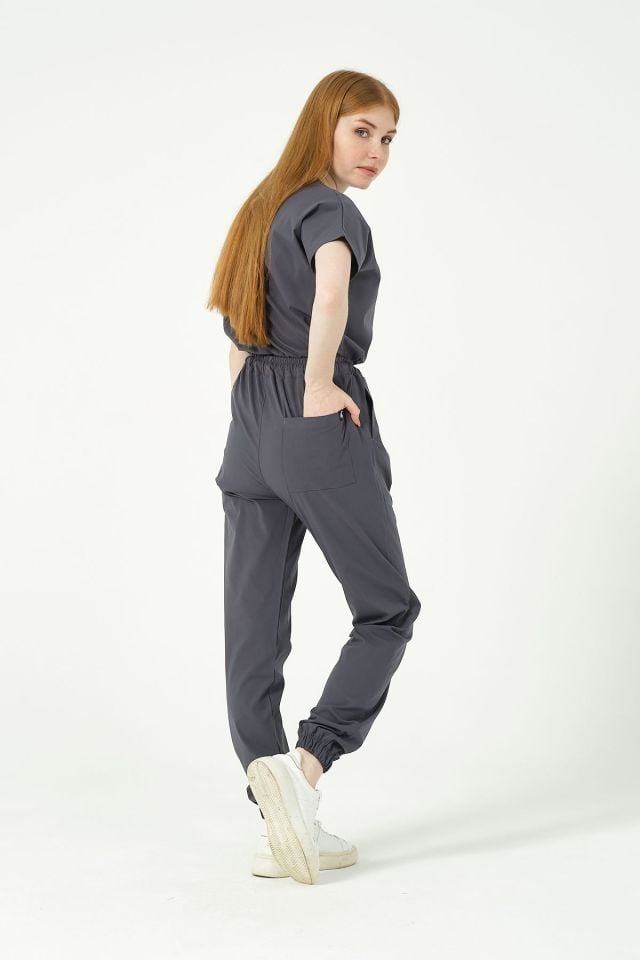 Füme Likralı Scrubs Jogger Paça Doktor Hemşire Forması Yarasa Kol Takım Unisex